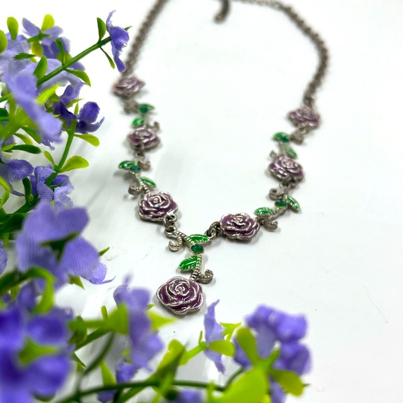 Rose Enamel and Crystal Vintage Y Shaped Necklace - Picture 2 of 4